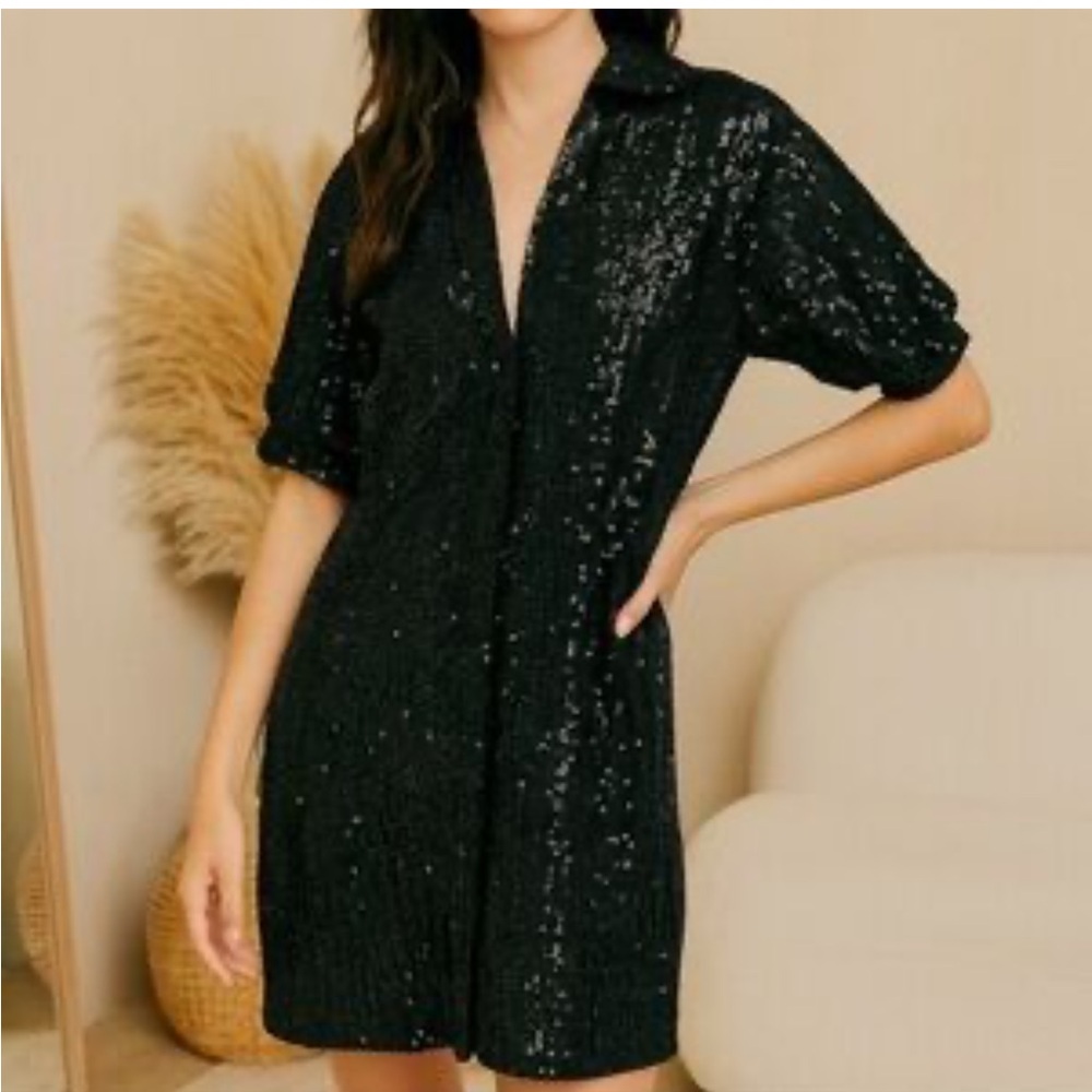 Every Black Sequin Short Sleeve Dress